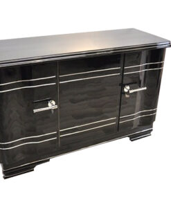 Art Deco Chromliner Sideboard, massive chromehandles, handpolished pianolacquer, timeless Design with curved doors