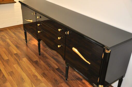Art Deco Commode, highgloss / black, brass fittings, handpolished, 3 drawers, two shelves