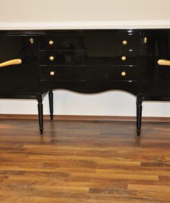Art Deco Commode, highgloss / black, brass fittings, handpolished, 3 drawers, two shelves