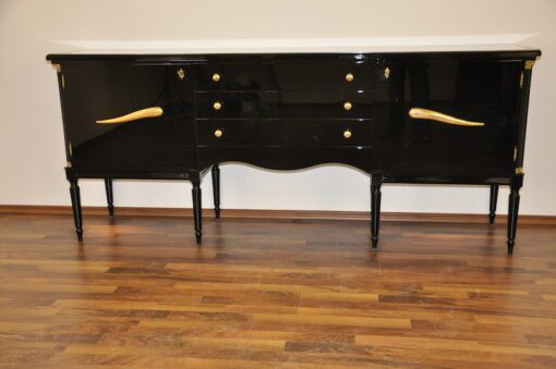 Art Deco Commode, highgloss / black, brass fittings, handpolished, 3 drawers, two shelves