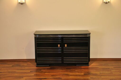 Art Deco Commode, highgloss black with 12-layers of lacquer, beautiful chrome applications on the doors, red interior, unique furniture from france