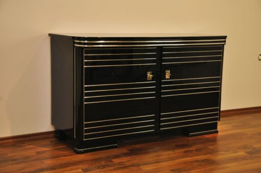 Art Deco Commode, highgloss black with 12-layers of lacquer, beautiful chrome applications on the doors, red interior, unique furniture from france