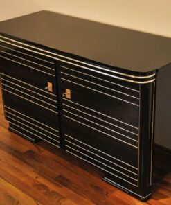 Art Deco Commode, highgloss black with 12-layers of lacquer, beautiful chrome applications on the doors, red interior, unique furniture from france
