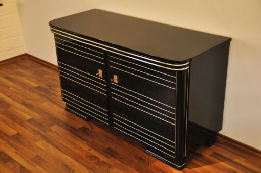 Art Deco Commode, highgloss black with 12-layers of lacquer, beautiful chrome applications on the doors, red interior, unique furniture from france