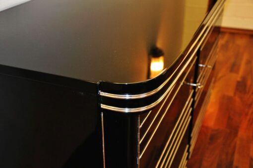 Art Deco Commode, highgloss black with 12-layers of lacquer, beautiful chrome applications on the doors, red interior, unique furniture from france