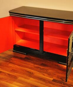 Art Deco Commode, highgloss black with 12-layers of lacquer, beautiful chrome applications on the doors, red interior, unique furniture from france
