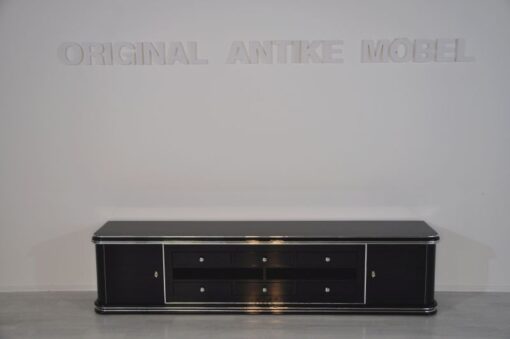 Art Deco Lowboard, Width 2,5m - with 2 doors and 6 drawers, chrome handles and original keys, highgloss black, handpolished