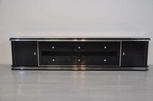 Art Deco Lowboard, Width 2,5m - with 2 doors and 6 drawers, chrome handles and original keys, highgloss black, handpolished