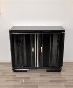 Art Deco Commode, exclusive red interior with glass shelves, France 1928, curved doors, chrome applications