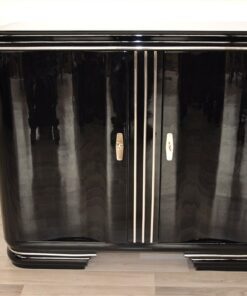 Art Deco Commode, exclusive red interior with glass shelves, France 1928, curved doors, chrome applications