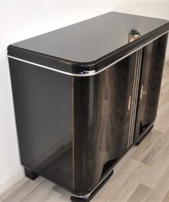 Art Deco Commode, exclusive red interior with glass shelves, France 1928, curved doors, chrome applications