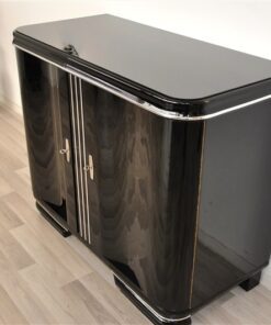Art Deco Commode, exclusive red interior with glass shelves, France 1928, curved doors, chrome applications