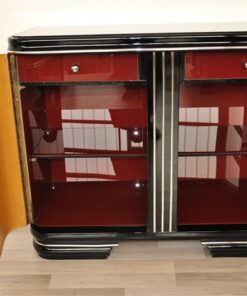 Art Deco Commode, exclusive red interior with glass shelves, France 1928, curved doors, chrome applications