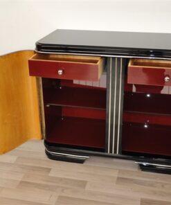 Art Deco Commode, exclusive red interior with glass shelves, France 1928, curved doors, chrome applications