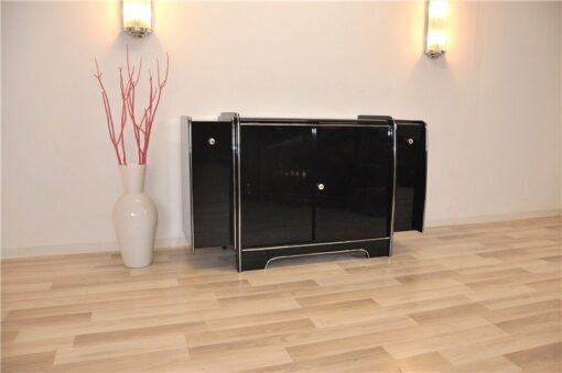 Art Deco Sideboard, mirrored back plate, red bar extensions on both sides, 3 shelves, highglossblack with chrome applications