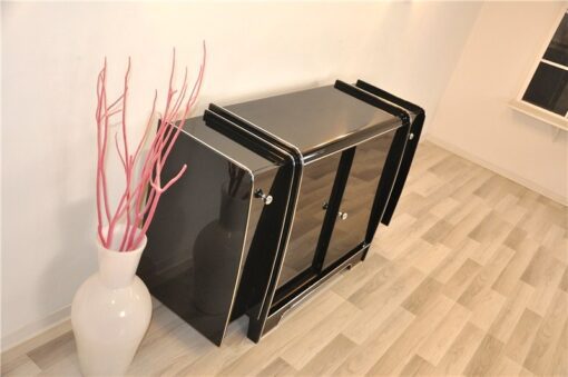 Art Deco Sideboard, mirrored back plate, red bar extensions on both sides, 3 shelves, highglossblack with chrome applications