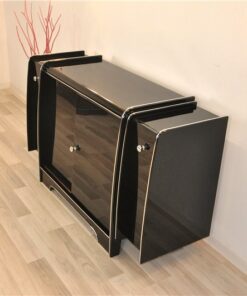 Art Deco Sideboard, mirrored back plate, red bar extensions on both sides, 3 shelves, highglossblack with chrome applications