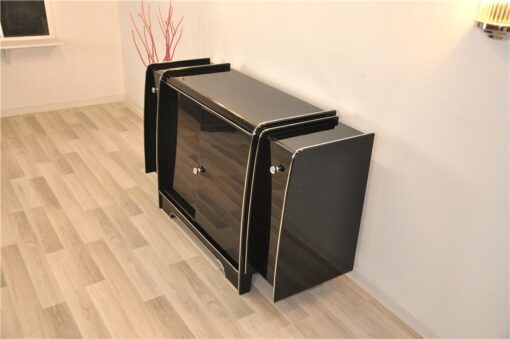 Art Deco Sideboard, mirrored back plate, red bar extensions on both sides, 3 shelves, highglossblack with chrome applications