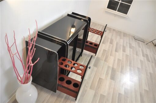 Art Deco Sideboard, mirrored back plate, red bar extensions on both sides, 3 shelves, highglossblack with chrome applications