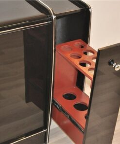 Art Deco Sideboard, mirrored back plate, red bar extensions on both sides, 3 shelves, highglossblack with chrome applications