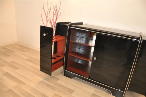 Art Deco Sideboard, mirrored back plate, red bar extensions on both sides, 3 shelves, highglossblack with chrome applications