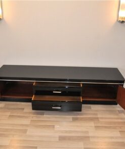 Art Deco Lowboard, pianolacquer in highgloss black, handpolished, timeless design with chromeline, France 1938