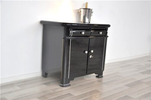 Art Deco Bar, highgloss black pianolacquer, classic curved drawers, chrome ornaments