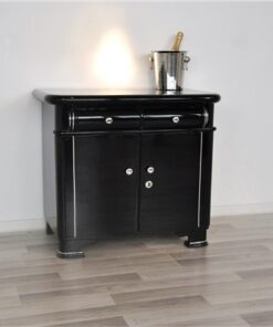 Art Deco Bar, highgloss black pianolacquer, classic curved drawers, chrome ornaments