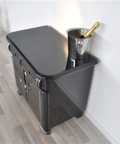 Art Deco Bar, highgloss black pianolacquer, classic curved drawers, chrome ornaments