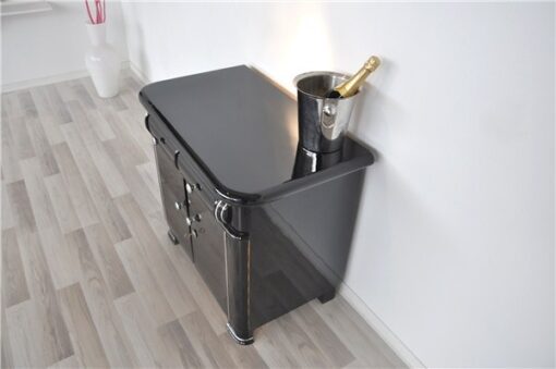 Art Deco Bar, highgloss black pianolacquer, classic curved drawers, chrome ornaments
