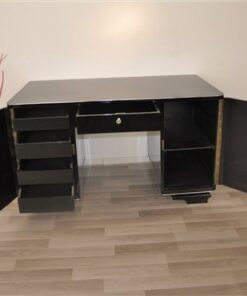 Art Deco Desk, timeless Design with rounded corners, rotating chromelines, striking chromehandles, handpolished topplate