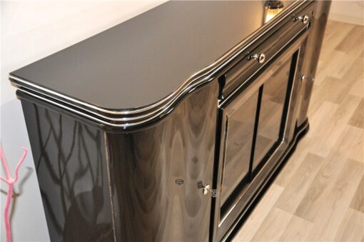 curved doors - british craftmansship, timeless design, glas sliding doors in highgloss black, 2 drawers and plenty of storage space