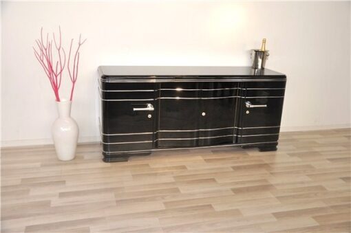 Massive XXL Art Deco Sideboard,highgloss black finish, wonderful body, big chromeapplications, handpolished