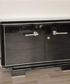 Art Deco Commode, elegant Design with rounded corners, chromelines, big chromehandles, pianolacquer