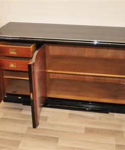 pianolacquer in highgloss black, noble wooden furnier, plenty of storage, extension with fabric topping