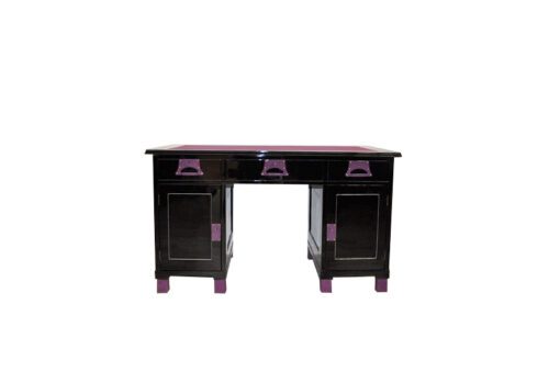 Art Deco Desk, unique Design, pink fittings, pink topplate and feet, clean interior in black, painted backboard