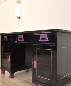 Art Deco Desk, unique Design, pink fittings, pink topplate and feet, clean interior in black, painted backboard
