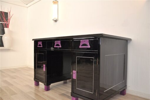 Art Deco Desk, unique Design, pink fittings, pink topplate and feet, clean interior in black, painted backboard