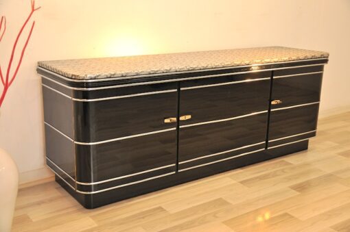 Art Deco Sideboard, chromebands, leather covered plate ( snake-optics ), chromefittings, handpolished, highgloss