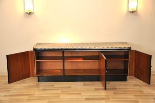 Art Deco Sideboard, chromebands, leather covered plate ( snake-optics ), chromefittings, handpolished, highgloss