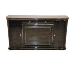 curved doors - british craftmansship, timeless design, glas sliding doors in highgloss black, 2 drawers and plenty of storage space