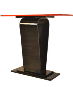 Very beautiful Art Deco Console with a special body, handpolished, chromelines , curved legs, filigree legs, highgloss red bar