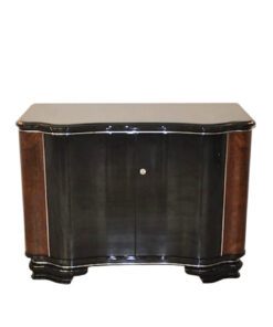 highgloss black, caucasian walnut wood, handpolished, chromebars, 2 big curved swing doors, glassplate