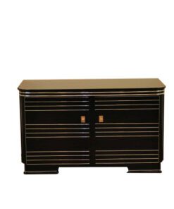 Art Deco Commode, highgloss black with 12-layers of lacquer, beautiful chrome applications on the doors, red interior, unique furniture from france