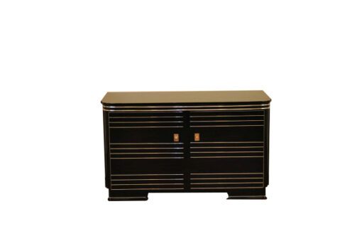 Art Deco Commode, highgloss black with 12-layers of lacquer, beautiful chrome applications on the doors, red interior, unique furniture from france