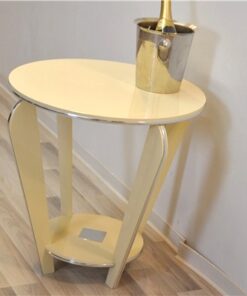 Art Deco table, wonderful shape, handpolished, chromelines, ivory paintjob, unique furniture