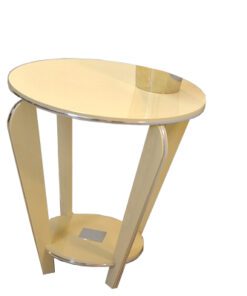 Art Deco table, wonderful shape, handpolished, chromelines, ivory paintjob, unique furniture