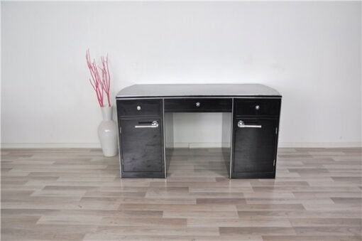 Art Deco Desk, wonderful curved body, highgloss black, big chromeline, hand polished, rare furniture