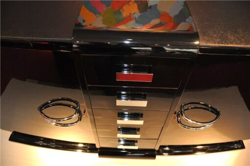 french Sideboard, highgloss black, handpolished, curved body, chromebars and fittings, clean interior