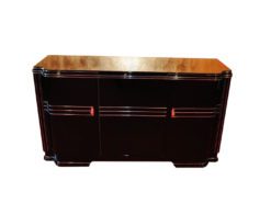Art Deco Sideboard, Wimbledon, british doorswing, black highgloss surface, leather eytension plate, 2 shelves